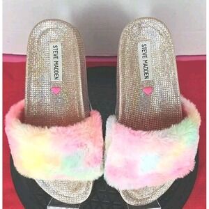 Girl's Steve Madden Fuzzy Rose Gold Pink Tye Dye Pastel Sandals Sz 4